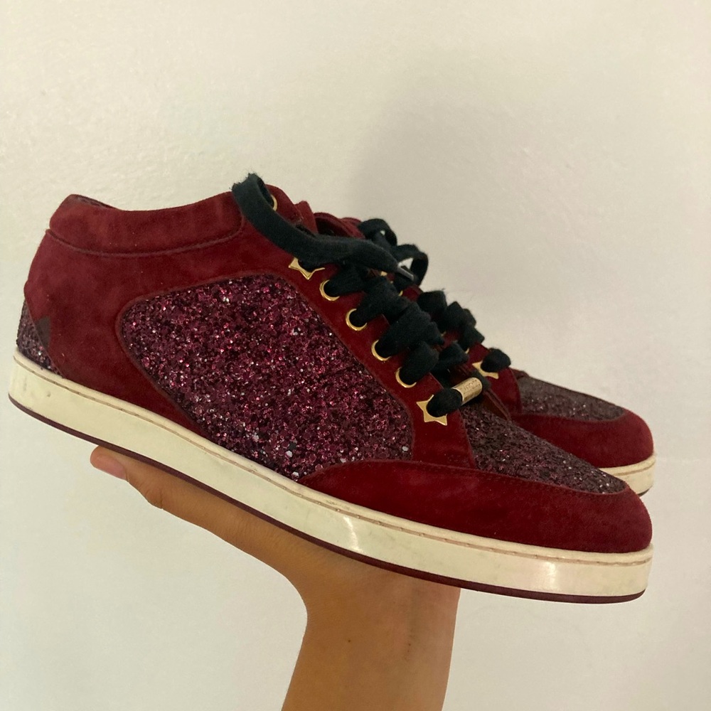 Authentic Jimmy Choo Miami Glitter Low Top Sneaker -Burgundy